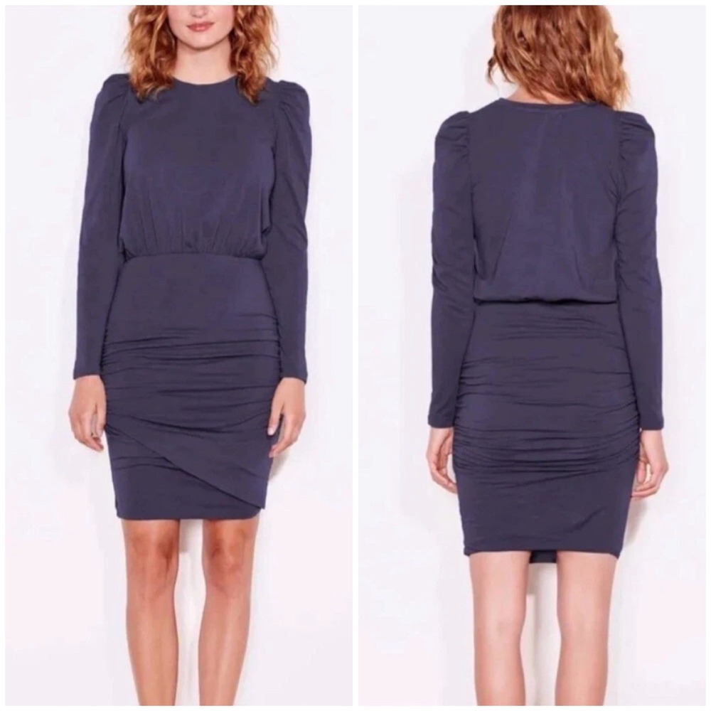 NWT Sundry Ruched Mini Dress Navy Blue Puff Sleeve Cotton Jersey Size XS